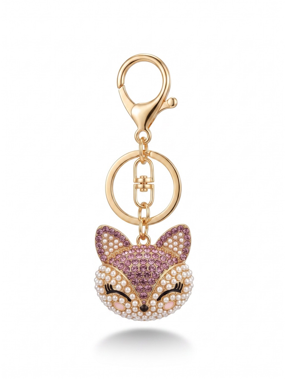 Pink Pearl Fox Rhinestone Keychain Bag Charm Gold Tone NWOT